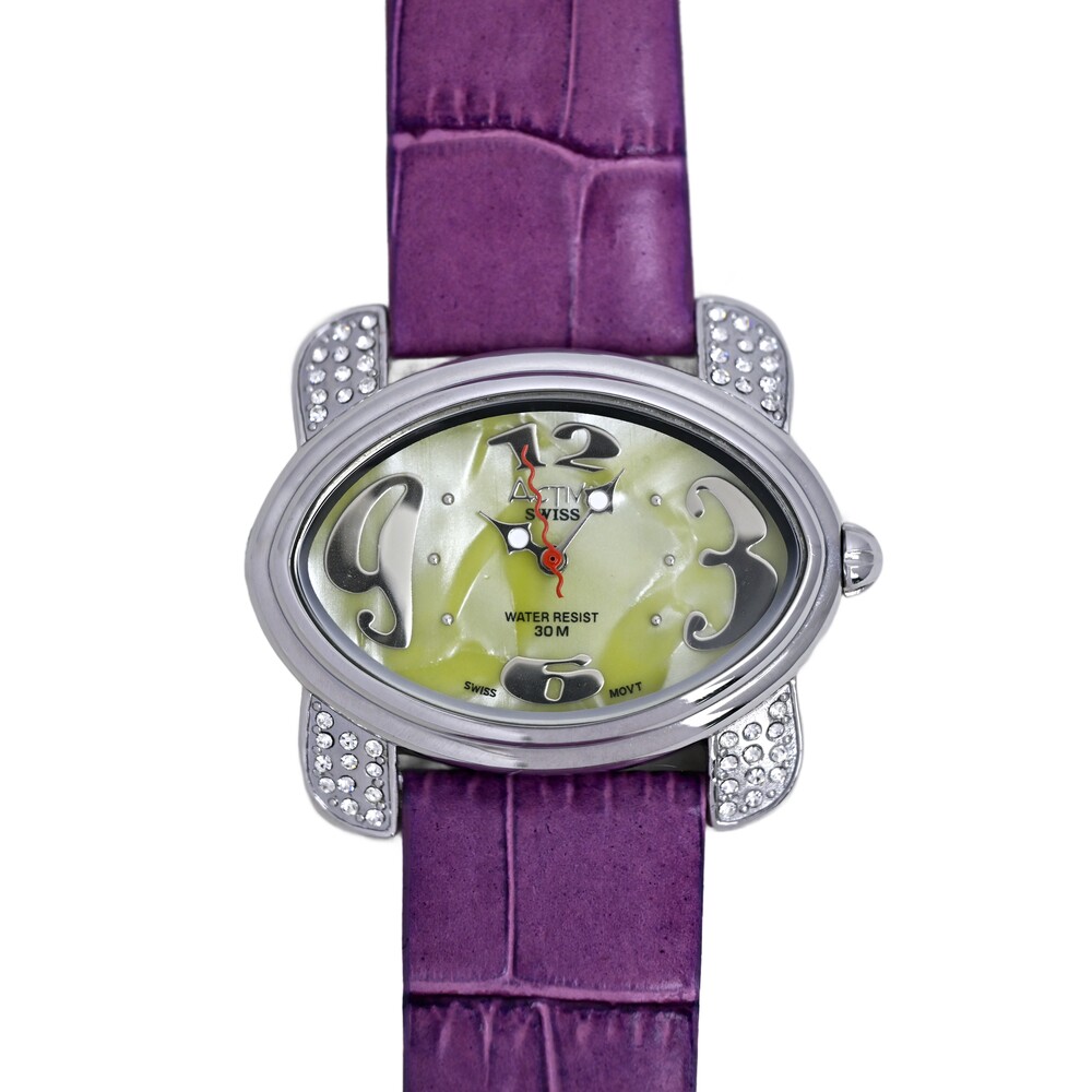 Activa Ladies Swiss Stainless Steel Quartz Watch Green Dial Purple Leather